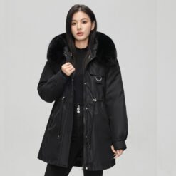 Mid-length Versatile Cotton Coat That Hits Below The Knee With A Fur-trimmed Collar - Black, L
