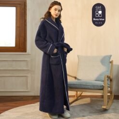 Autumn And Winter Thickened Cotton Velvet Nightgown Men's Winter Plus-sized Plus Size Light Luxury Couple Bathrobe Women's Extended Pajamas - 2102 Navy Blue Female, M