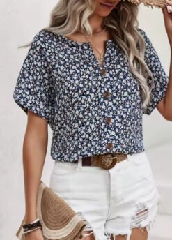 Womens Casual Plant-Print Jacquard Collar Short-Sleeve T-Shirt - JM73, 4XL