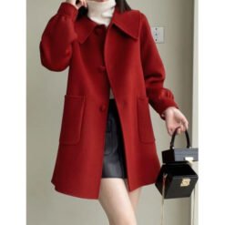 Womens Stylish Casual Doll-Neck Wool Coat - Red, 2XL