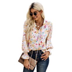 Shiying Autumn Lightweight Floral Chiffon Blouse With Long Sleeves - Pink, L