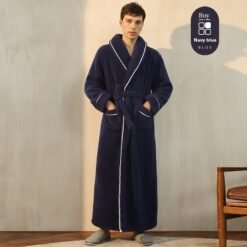 Autumn And Winter Thickened Cotton Velvet Nightgown Men's Winter Plus-sized Plus Size Light Luxury Couple Bathrobe Women's Extended Pajamas - 2102 Male Navy Blue, XXXL