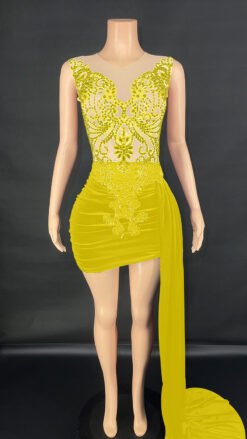 Summer Luxury Evening Dress Female Singer Stage Costume Senior Dress Side Trailing Skirt - Yellow, XL