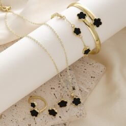 Parthenocissus Grass Jewelry Suit Simple Drop Oil Lucky Flower Necklace 5-piece Set - CK0312 Black Drip Type