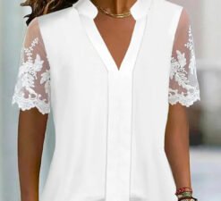 Alternative view of Womens Casual White V-Neck Lace Short-Sleeve Top