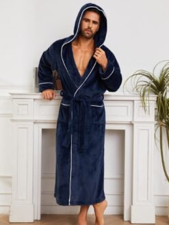 Fashion Men's Flannel Bathrobe Pajamas Women - Navy Blue, M