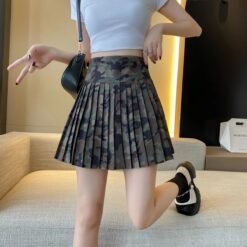 Camouflage All-Match Mid-Rise Pleated A-Line Skirt