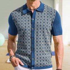 Summer Tencel Short-sleeved Sweater Lapel Jacquard Cardigan For Men - Blue, XL