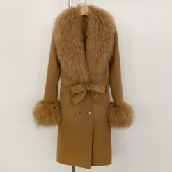Long Double-faced Wool Coat With A Shearling Collar - Golden Camel, L