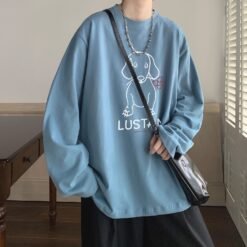 Cartoon Puppy Printed Long Sleeve T-shirt - Sky Blue, XL