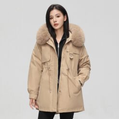 Mid-length Versatile Cotton Coat That Hits Below The Knee With A Fur-trimmed Collar - Khaki, 2XL
