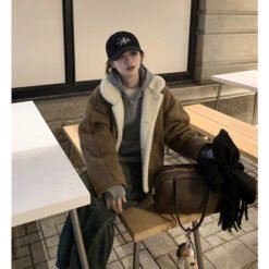 Winter Loose-fitting  Versatile  Fleece-lined  Thickened  And Warm Leather-and-fur Piece - Brown Composite Velvet, L