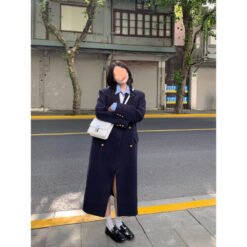 Navy Blue Womens Structured Wool Coat With A Refined Shoulder-Enhancing Design - Navy Blue, L