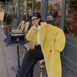 Womens Long Cashmere-Like Coat - Lemon Yellow, 2XL