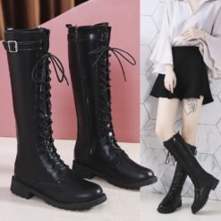 Womens Mid-heel High Boots With Laces And Buckles
