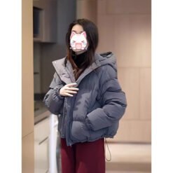 Winter Korean-style Cropped Hooded Cotton Jacket - Gray, S