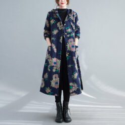 Retro Artistic Winter Long Cotton Coat With Fleece Lining - Blue Big Flower, L