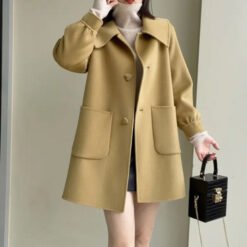 Womens Stylish Casual Doll-Neck Wool Coat - Yellow, 2XL