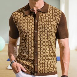 Summer Tencel Short-sleeved Sweater Lapel Jacquard Cardigan For Men - Brown, 2XL
