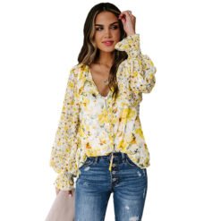 Shiying Autumn Lightweight Floral Chiffon Blouse With Long Sleeves - Yellow, 2XL
