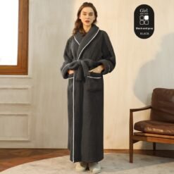 Autumn And Winter Thickened Cotton Velvet Nightgown Men's Winter Plus-sized Plus Size Light Luxury Couple Bathrobe Women's Extended Pajamas - 2102 Black And Gray Female, XL