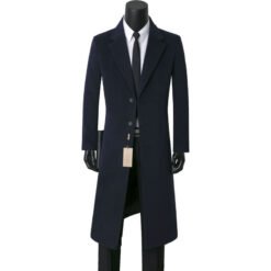 Mens Stylish Casual Wool Mid-length Coat - Navy Blue, L
