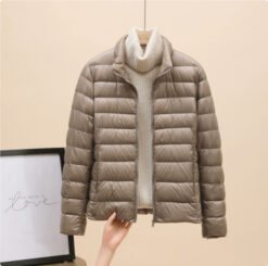 Womens Lightweight Padded Short Down Jacket - Khaki Stand Collar, L