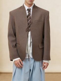 Alternative view of Brown Plaid Collarless Deconstructed Blazer Jacket
