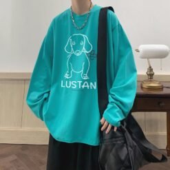 Cartoon Puppy Printed Long Sleeve T-shirt - Lake Blue, 5XL