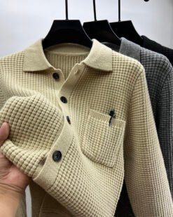Casual Solid-Color Pocket Lapel Knit Sweater Coat - Beige Camel, M