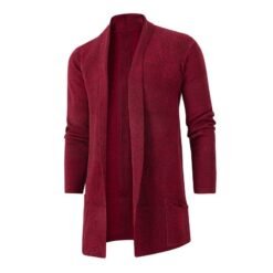 Mens Slim-Fit Plus-Size Knitted Cardigan Coat - Wine Red, XXL