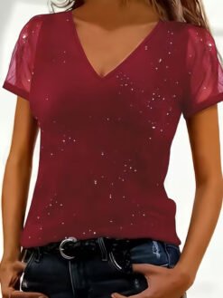 Short Sleeved Loose V-neck Fashionable Casual T-shirt - Red, M