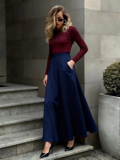 Elegant Solid-Color Skirt For Women - Navy Blue, 2XL