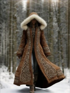 Long Loose-fitting Hooded Coat With A 3D Digital Print - Brown, 5XL