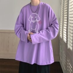 Cartoon Puppy Printed Long Sleeve T-shirt - Purple, 5XL