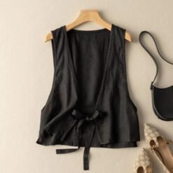 Versatile Ethnic-Style Cotton-Linen Solid-Color Lace-Up Vest Top For Women - Black, 2XL