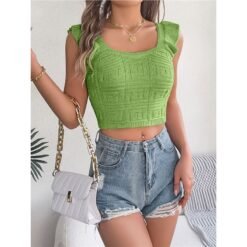 Sleeveless Knitted Crop Top With A Midriff-baring Design - Green, S