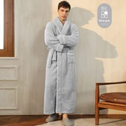 Autumn And Winter Thickened Cotton Velvet Nightgown Men's Winter Plus-sized Plus Size Light Luxury Couple Bathrobe Women's Extended Pajamas - 2102 Silver Men, XXXL