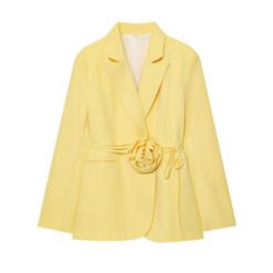 Womens Loose-Fit Lace-Up Blazer With 3D Floral Embellishments - Yellow, M