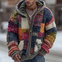 Mens Digital Plaid-Print Hoodie Coat - Multicolor, L