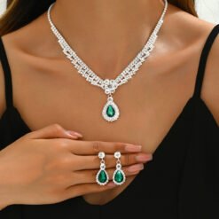 Stylish And Chic Diamond-studded Teardrop Flower Necklace And Earring Set - Silver Green