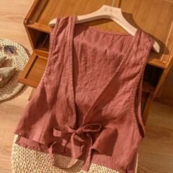 Versatile Ethnic-Style Cotton-Linen Solid-Color Lace-Up Vest Top For Women - Brick Red, XL