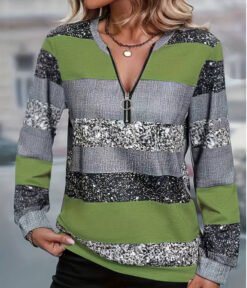 Womens FallWinter Crew-Neck Printed Loose-Fit Zip-Up Hoodie With Long Sleeves - NLW043455, S