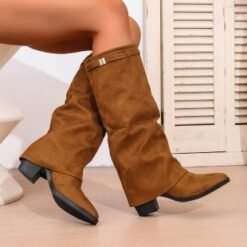 Autumn Chunky-Heel Plus-Size British-Style Over-the-Knee Boots - Brown Cloth Cover, 37