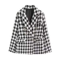 Womens 4-Color Textured Double-Breasted Midi Blazer - Plaid, XS
