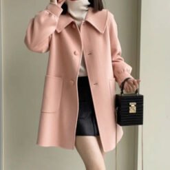 Womens Stylish Casual Doll-Neck Wool Coat - Pink, XL