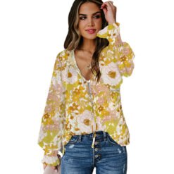Shiying Autumn Lightweight Floral Chiffon Blouse With Long Sleeves - Yellow Printings, L