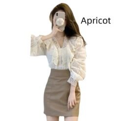 Korean-style Womens Lace Ruffled Puff Sleeves - Apricot, L