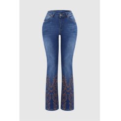 Womens Retro Beaded Embroidered Stretch Denim Jeans - Blue, L