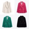 Womens 4-Color Textured Double-Breasted Midi Blazer